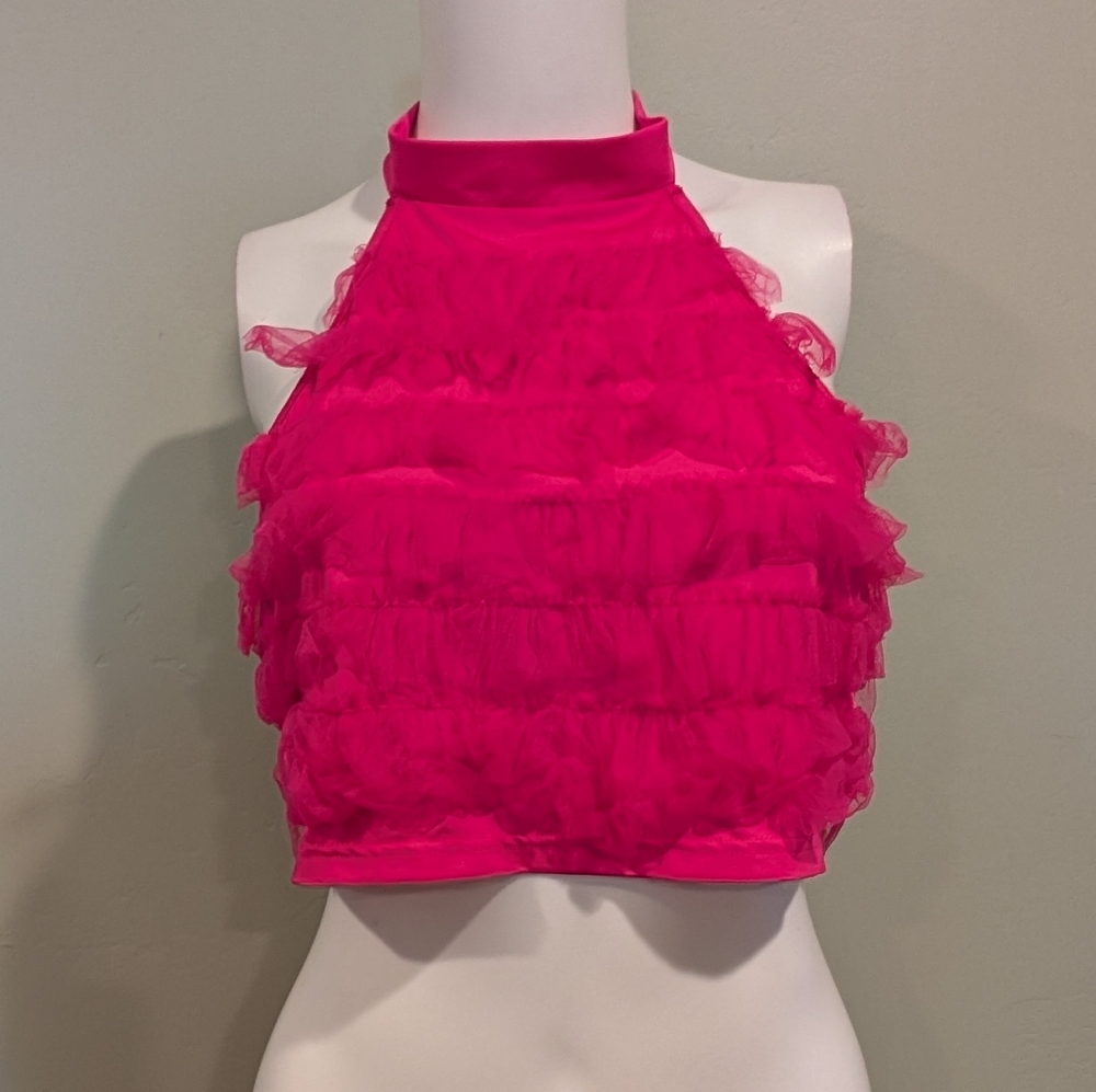 SHEIN Hot Pink Cropped Halter Top With Tiered Tulle Ruffles Size Large